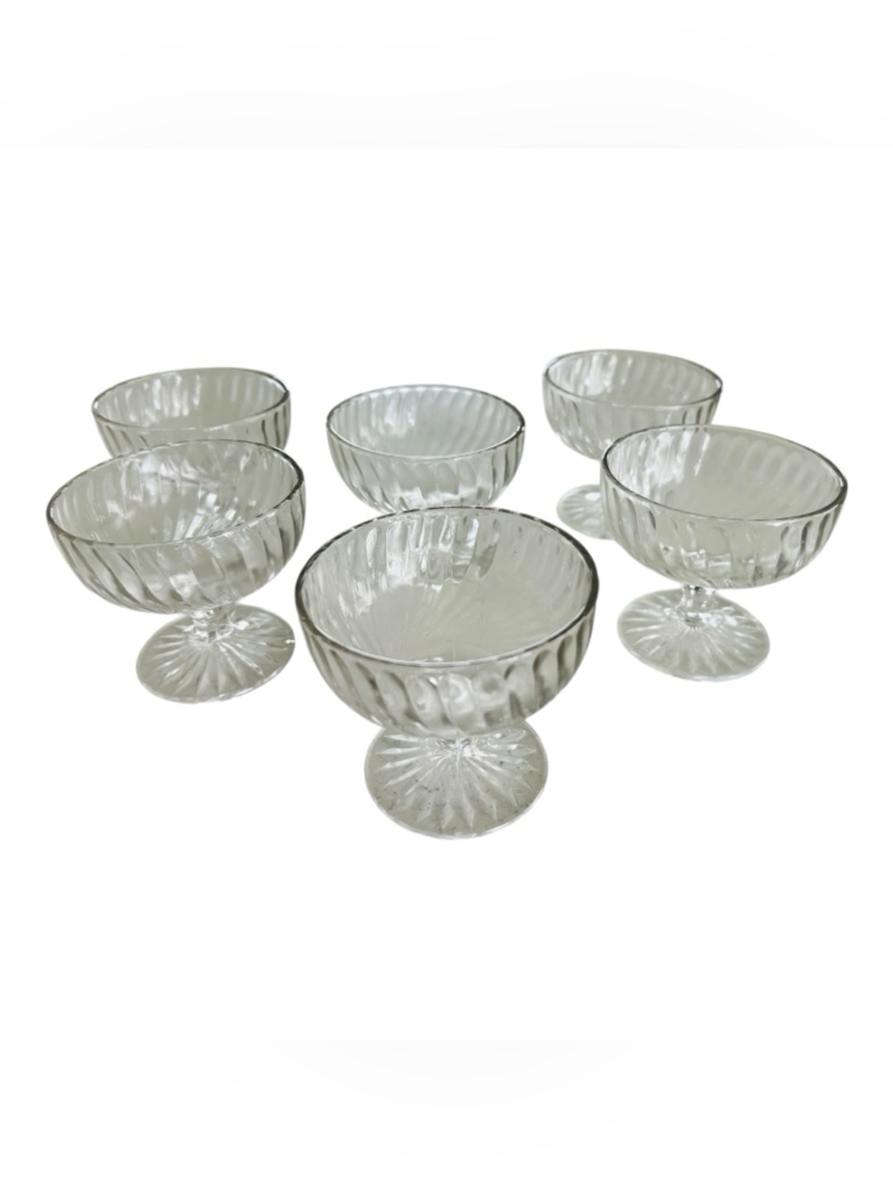 Vintage - Set of 6 - Footed Ribbed Glass - Dessert/Sherbet Cups - Sunburst Base